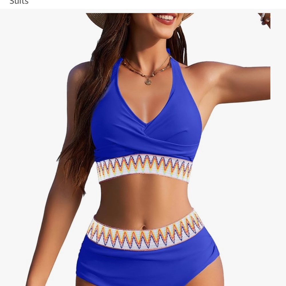 NWT 2x Blue Halter Bikini Set with Patterned Trim